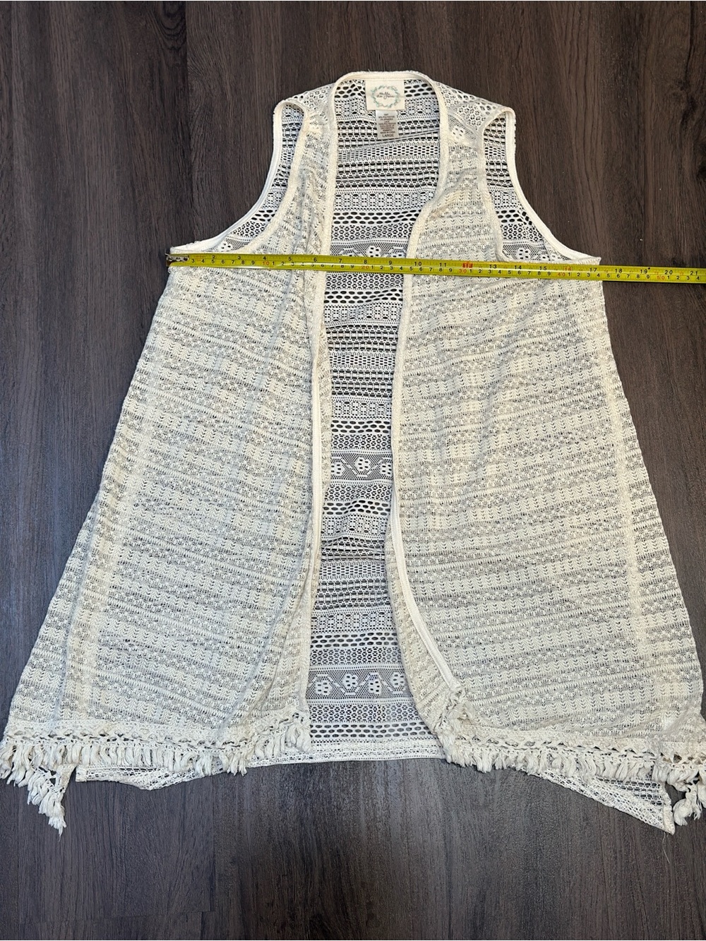 Boho Fringe Crochet Lace Vest Large Ivory Open Front Festival Style - Picture 8 of 10
